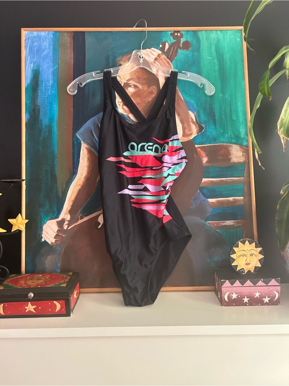 Vintage Arena Black Neon Geometric Crossback One Piece Swimsuit Women’s